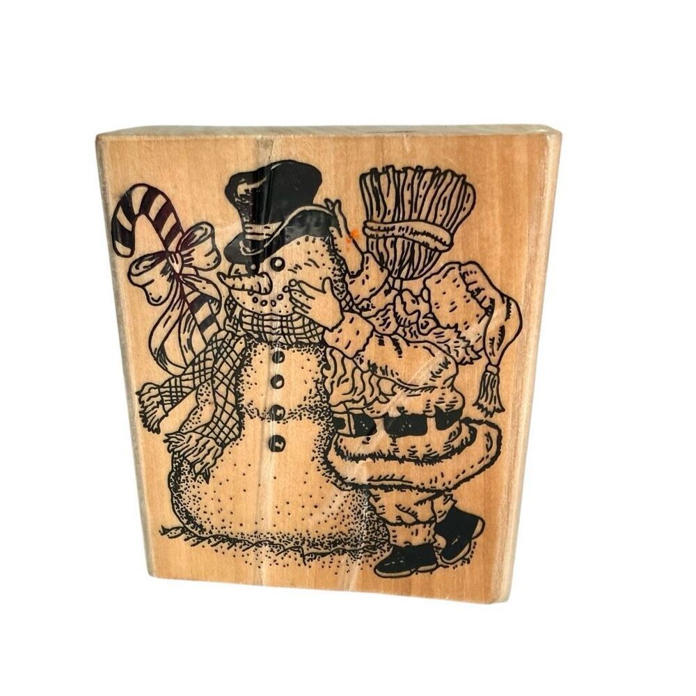 New Vintage Santa Snowman Christmas Holiday Wooden Rubber Fancy Word Stamp